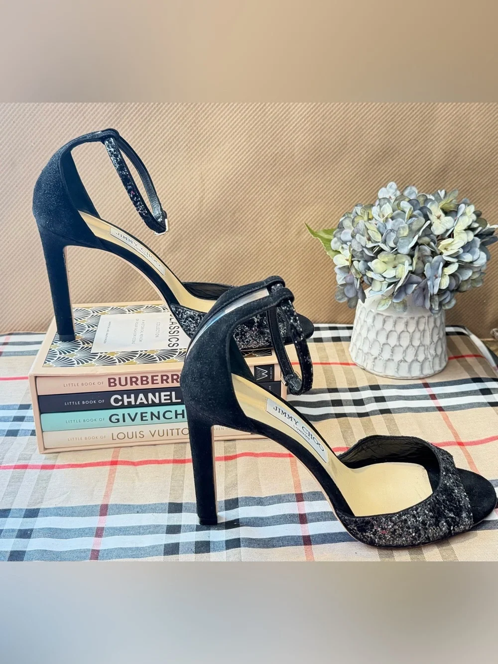 Jimmy Choo Black Glitter Ankle-Strap Stiletto Heels